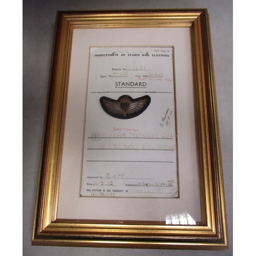 258 - Special Air Service 1960s gold and silver bullion wings unissued attached to Inspectorate of Stores ... 