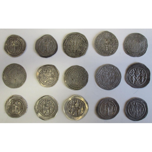 1051 - Sassanian Empire. Drachm range in mixed condition, some plugged. Qty 15 (R)