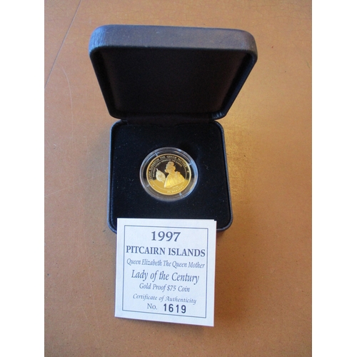 1050 - Pitcairn Islands. 1997 $75 Queen Mother boxed 14ct gold  proof FDC. (Y)