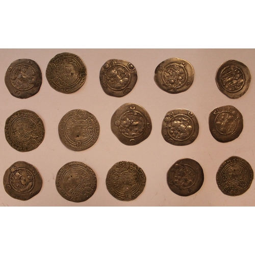 1051 - Sassanian Empire. Drachm range in mixed condition, some plugged. Qty 15 (R)