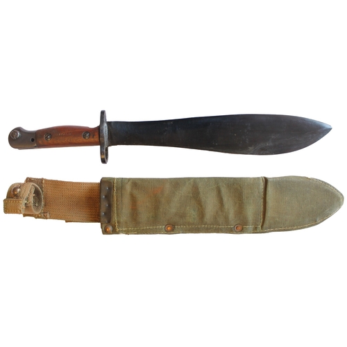 175 - Australian 1944 Mk 1 Machete Bayonet and canvas scabbard, ricasso stamped with broad arrow, grip sta... 