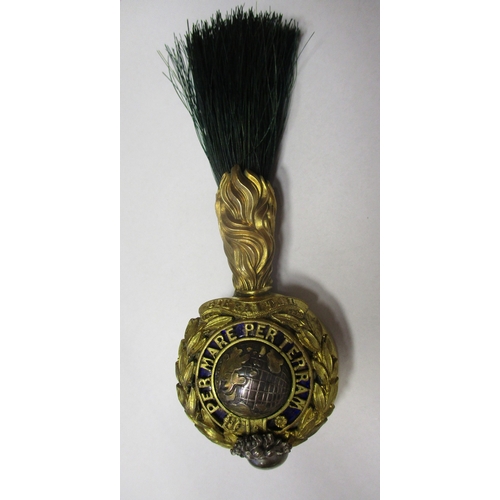 212 - Rare Royal Marine Artillery 1866-79 Officer's copper gilt and enamel busby grenade, green horse hair... 