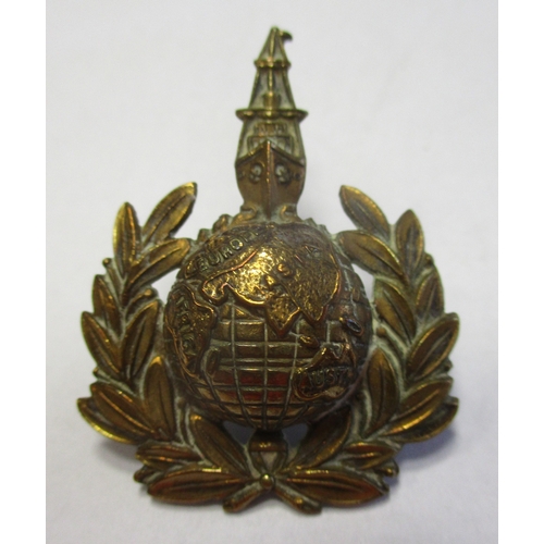 226 - Rare Royal Marines Labour Corps original brass cap badge, globe within a laurel wreath surmounted by... 