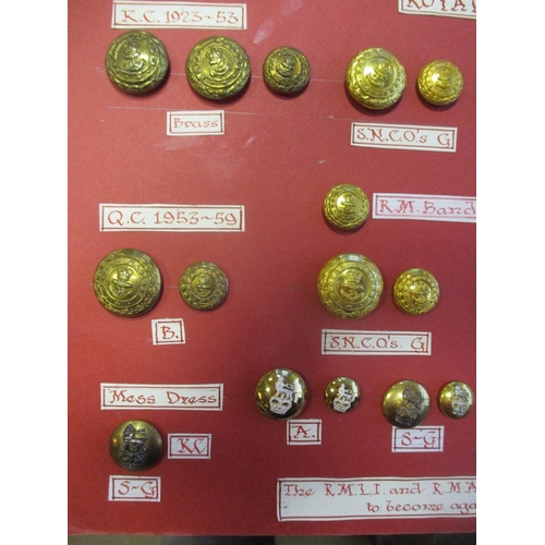 234 - 1804 to date Royal Marines button collection wire mounted on board for display including R.M.A. Comp... 