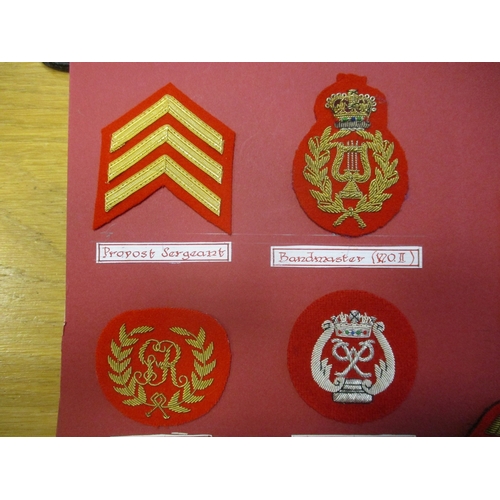 236 - Royal Marines Mess Dress Insignia collection gum attached to board for display with rank badges from... 