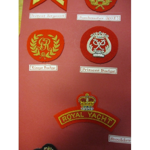 236 - Royal Marines Mess Dress Insignia collection gum attached to board for display with rank badges from... 