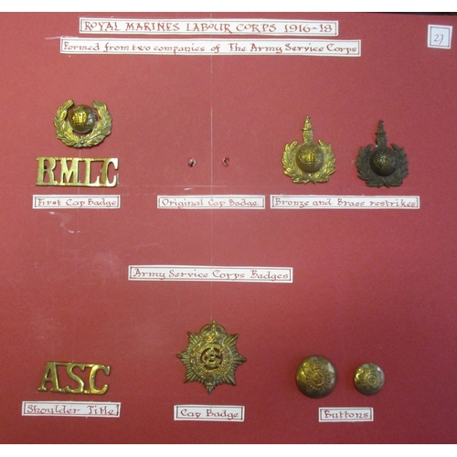 243 - Royal Marines Labour Corps cap badge range wire mounted on board with 2 piece RMLC worn below globe ... 