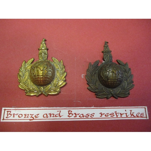 243 - Royal Marines Labour Corps cap badge range wire mounted on board with 2 piece RMLC worn below globe ... 