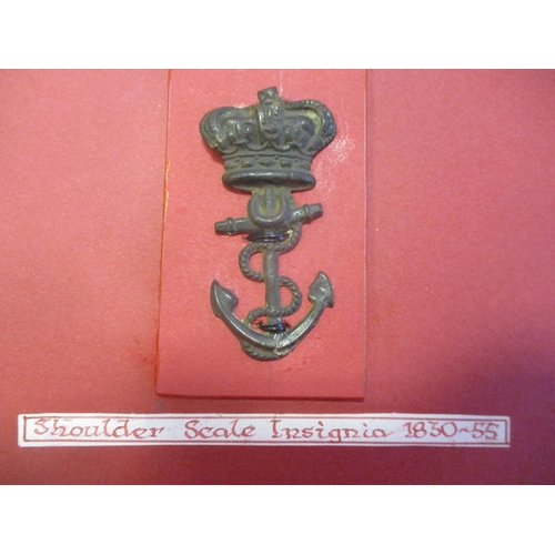 244 - Royal Marines badge relics wire mounted on board for display with pouch badge (1802-15), shoulder sc... 