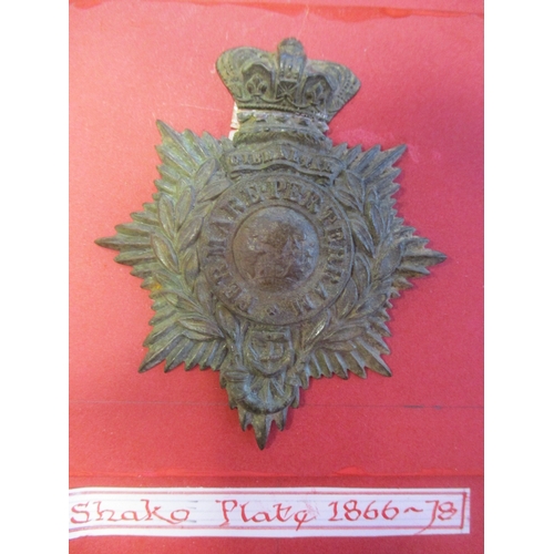 244 - Royal Marines badge relics wire mounted on board for display with pouch badge (1802-15), shoulder sc... 