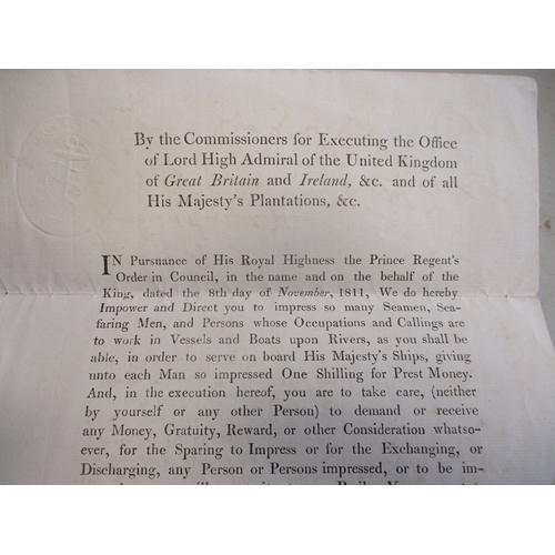 256 - 1811 original Admiralty press gang authority printed letter issued on behalf of Lord High Admiral of... 