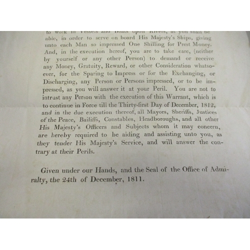 256 - 1811 original Admiralty press gang authority printed letter issued on behalf of Lord High Admiral of... 