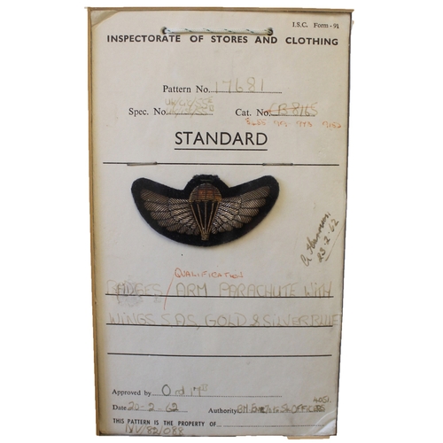 258 - Special Air Service 1960s gold and silver bullion wings unissued attached to Inspectorate of Stores ... 