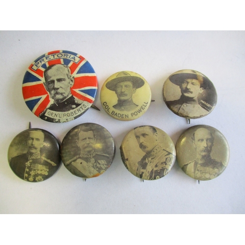 262 - Collection of Boer War pin badges including lion holding Boer in mouth (2), General Roberts (3), Bad... 