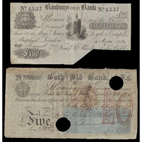 441 - GB local 1800's range generally poor to fine with £5 Alcester Bank 1802, Banbury Old Bank 1834 cut c... 