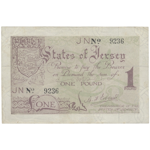 480 - Jersey. World War II range with 6d JN 736180 extremely fine, 2/- 1942 JN 144131 very fine and £1 JN ... 