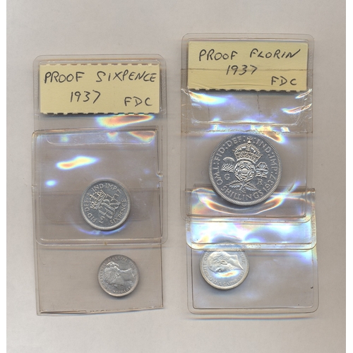 545 - Range with 1927 6d, 1937 florin and 6d proofs FDC and 1875 3d uncirculated. Qty 4 (Y)