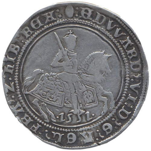 552 - Edward VI. 1551 half crown, mint mark Tun. king on horseback (galloping horse without plume) with da... 