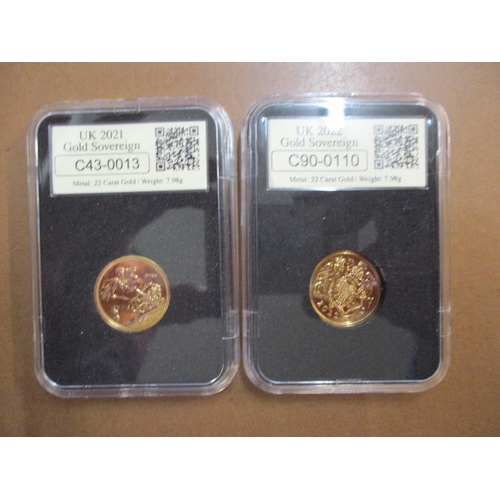 597 - Investment Gold Lot – documents required. Range of uncirculated sovereigns in date stamp plastic hol... 