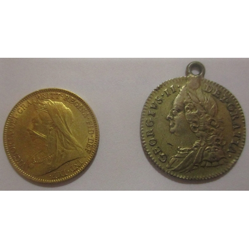 640 - Investment Gold lot - documents required. 1896 half sovereign fine, plus 1758 sixpence fine with pen... 