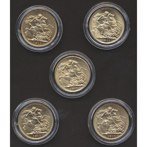 684 - Investment Gold lot - documents required. 1911 King George V Coronation Year sovereign set of 5 mint... 