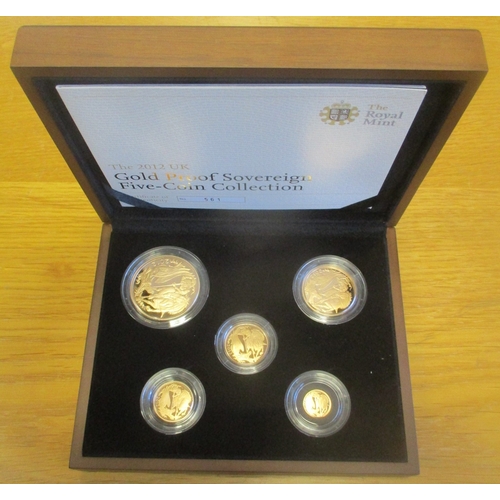 774 - Investment Gold lot - documents required. 2012 sovereign cased proof set of 5 (£5, £2, sovereign, ha... 