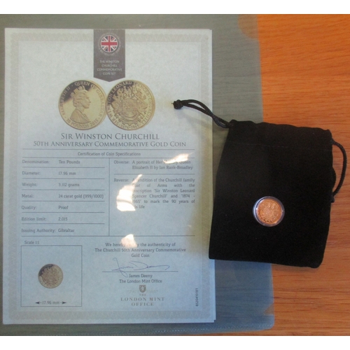 826 - Investment Gold lot - documents required. Gibraltar. 2015 £10 Churchill gold proof FDC, plus range o... 