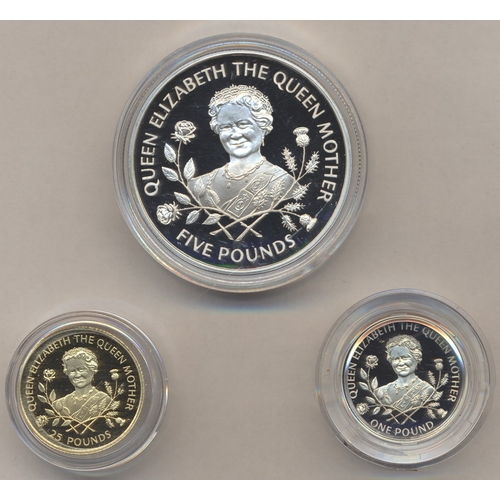 831 - Investment Gold Lot – documents required. Guernsey. 1995 Queen Mother proof cased set of 3, includin... 