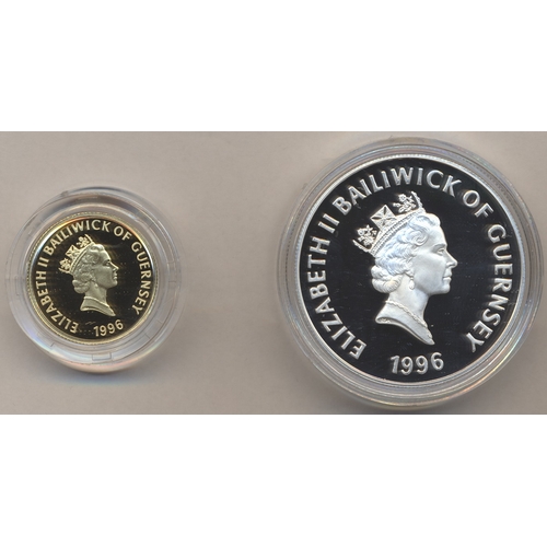 832 - Investment Gold Lot – documents required. Guernsey. 1996 Football £25 and £5 proof cased twin set FD... 