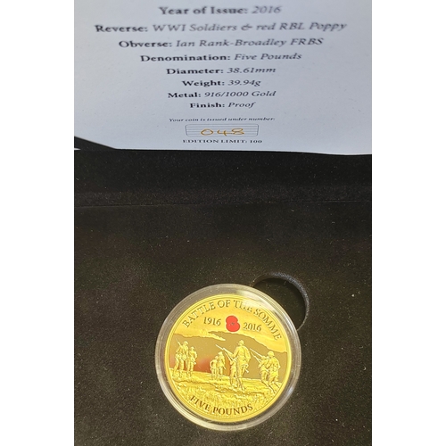 834 - Investment Gold Lot – documents required. Guernsey. 2016 £5 Battle of Somme proof FDC boxed with cer... 