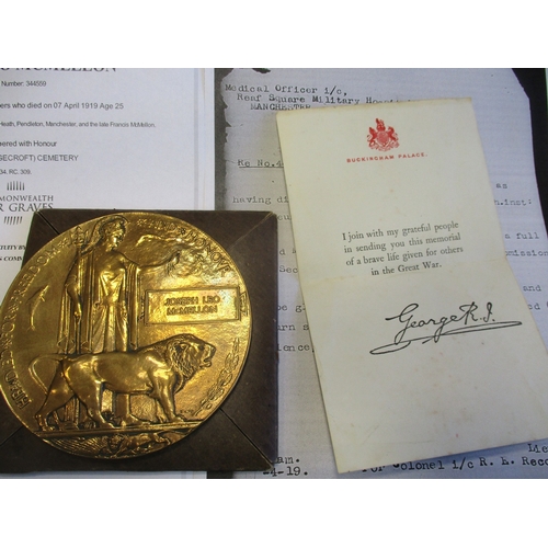 98 - WW1 Memorial Plaques to:
1. Joseph Leo McMellon with card case of issue and Buckingham Palace condol... 