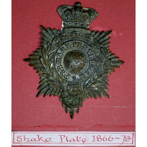 244 - Royal Marines badge relics wire mounted on board for display with pouch badge (1802-15), shoulder sc... 