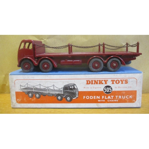 304 - Dinky. Pair of models with 505 Foden Flat Truck with Chains (2nd cab, maroon cab/chassis/body/hubs, ... 