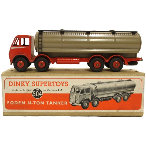 316 - Dinky. 504 Foden 14-ton Tanker, 1st cab type, red cab/chassis and hubs, silver flash, fawn tank, nea... 