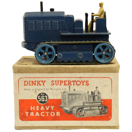 318 - Dinky. 563 Heavy Tractor dark blue body, mid-blue rollers, green rubber tracks, tan cast driver, exc... 