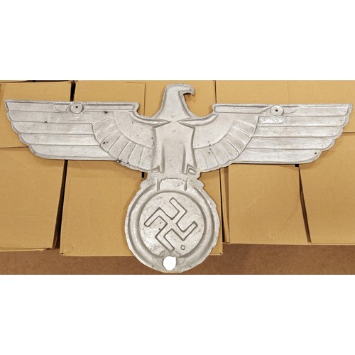 270 - Reproduction Third Reich metal (zinc or similar) Railway Eagle holding swastika within a wreath, GAI... 