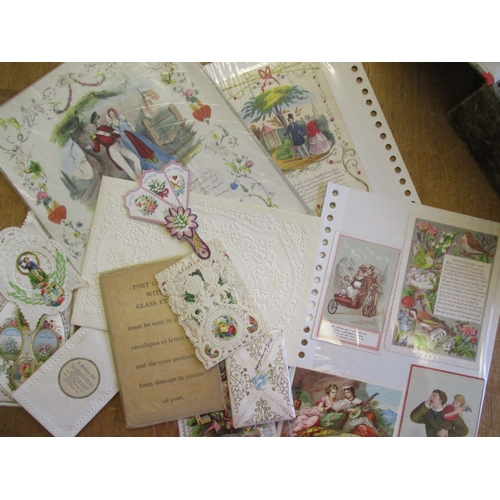 147 - Misc. collectables. Coln. of early greetings cards. Envelope type, padded, lace and mechanical. Wood... 