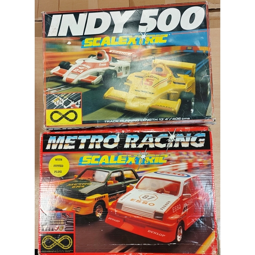 166 - Scalextric. Range of sets generally very good in fair boxes with Indy 500, Metro Racing, Night Stage... 