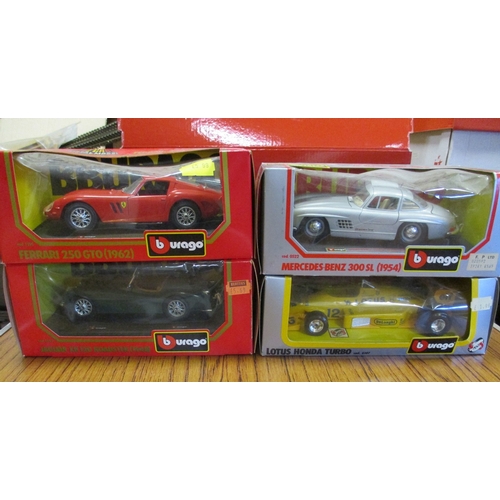 223 - Collection including Burago 1/24 Alfa Romeo No 3008, 1/18 Bugatti No 3005, Ferrari No 1510, Mercedes... 