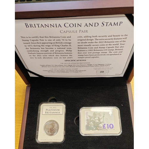 428 - 2022 1oz platinum Britannia bullion finish and 1993 £10 Britannia stamp both encapsulated presented ... 