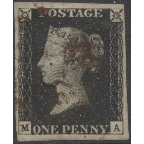 215 - 1840 1d blacks U, on stock cards with x13 examples. Ranging from plates 3 to 9, all 4-margin example... 