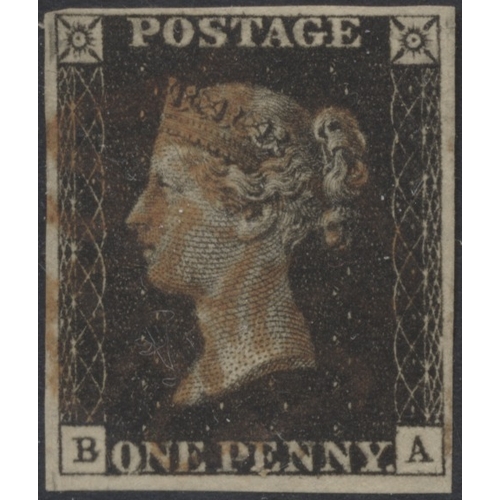 216 - 1840 1d black U x6, all are 4 margin examples, lettered  BA, MK, SI, BJ, SA, & MK. MK is on large pi... 