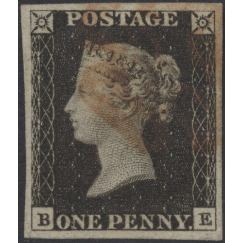 216 - 1840 1d black U x6, all are 4 margin examples, lettered  BA, MK, SI, BJ, SA, & MK. MK is on large pi... 