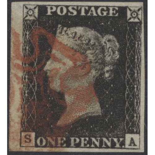 216 - 1840 1d black U x6, all are 4 margin examples, lettered  BA, MK, SI, BJ, SA, & MK. MK is on large pi... 