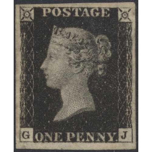 218 - 1840 1d black, pl.5, GJ, 4 margins, unused. Has been regummed over a thin at upper left, with pink B... 