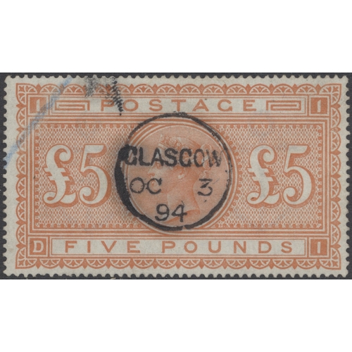 223 - 1867-1883 £5 orange, used, with distinct central, Glasgow cds. Cds is somewhat heavily inked, and is... 