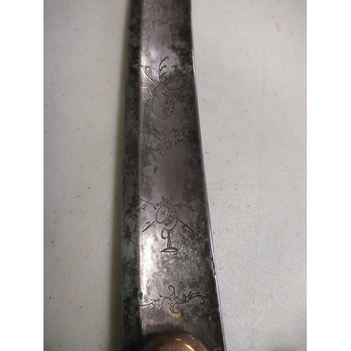 125 - Range with:
1. 19th century curved sword, single fuller almost to the tip, 81cm long blade engraved ... 