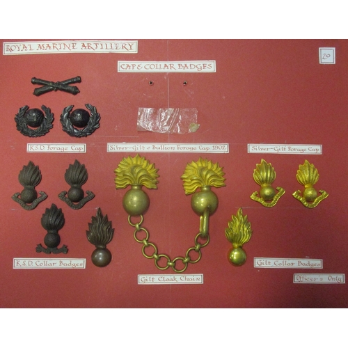 141 - Royal Marine Artillery badge range including officers KSD forage cap, KSD collar badges, gilt collar... 