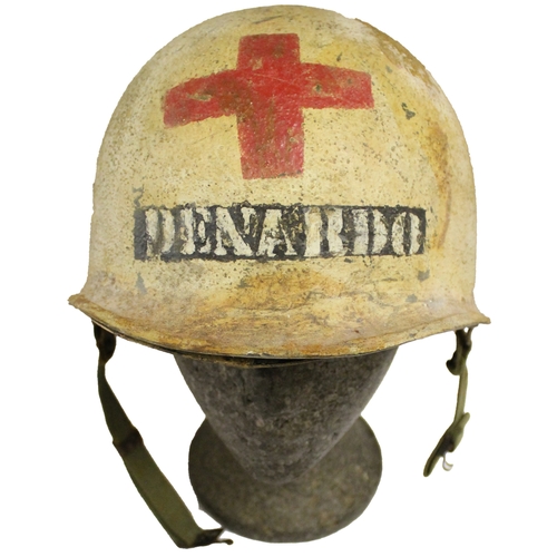 180 - WW2 U.S. Medic casualty's M-1 helmet and liner, shell with white textured paint with large Red Cross... 