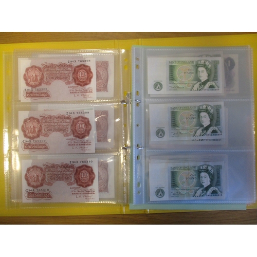 213 - Range of £1 and 10/- banknotes in album, generally very fine to extremely fine, includes Warren-Fish... 